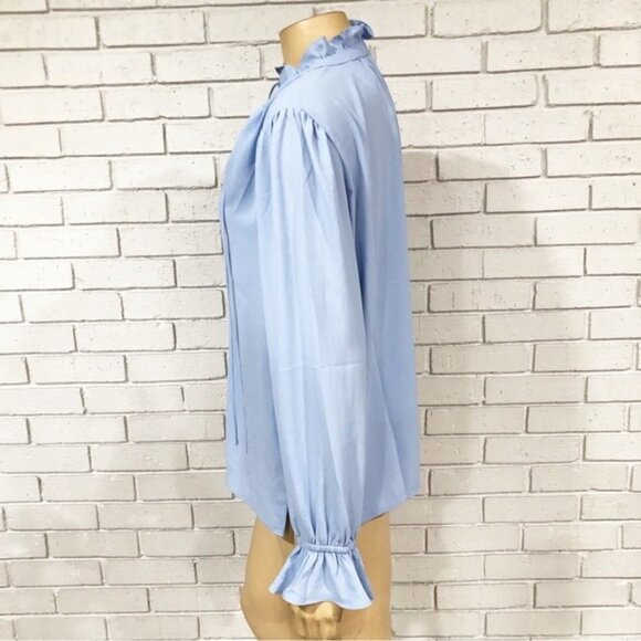 J.Crew Women’s Drapey Blue ruffle‎ tie-neck top - Size Medium - Picture 9 of 14